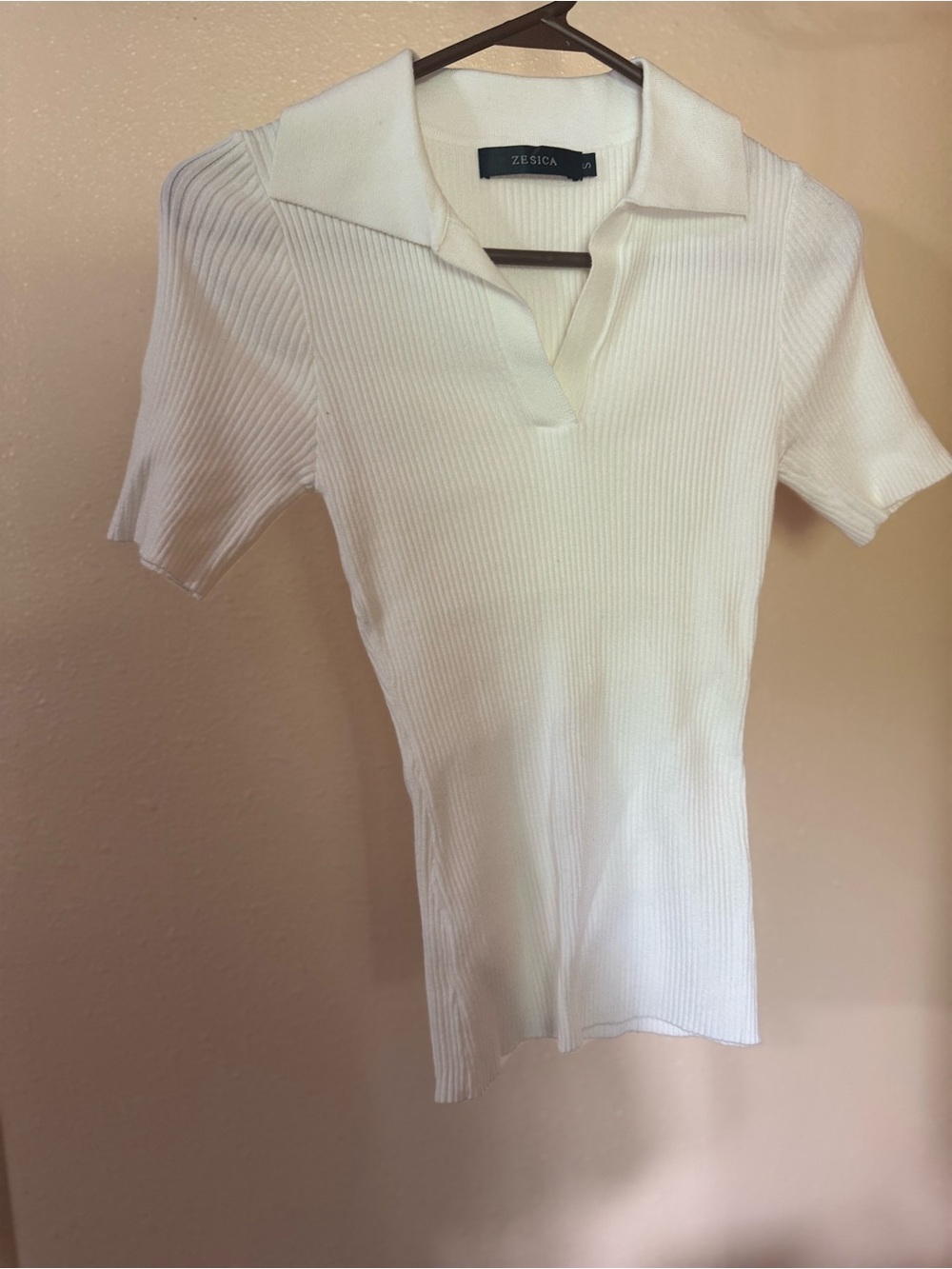 Zesica White Ribbed Short Sleeve Polo Tee